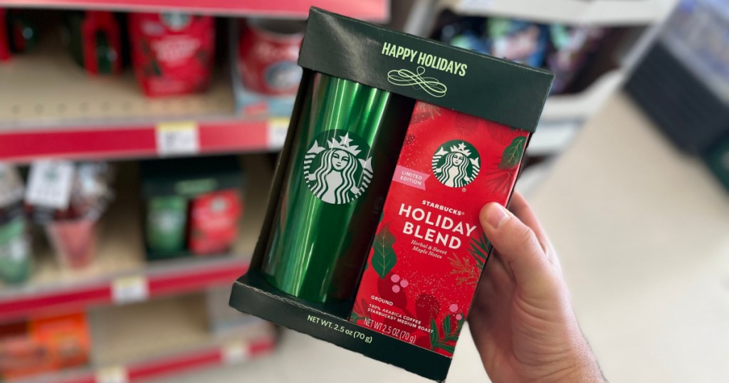 Starbucks green tumbler and ground coffee gift set in store