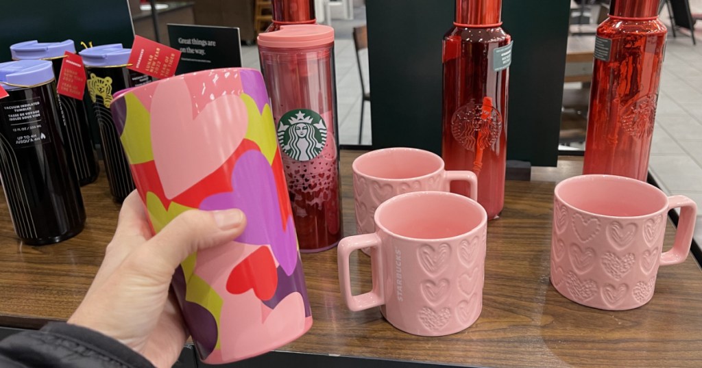 Valentine's Day drinkware on table in store