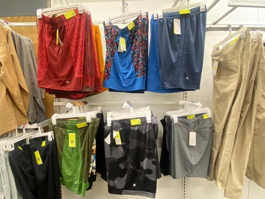 target men's shorts hanging in store