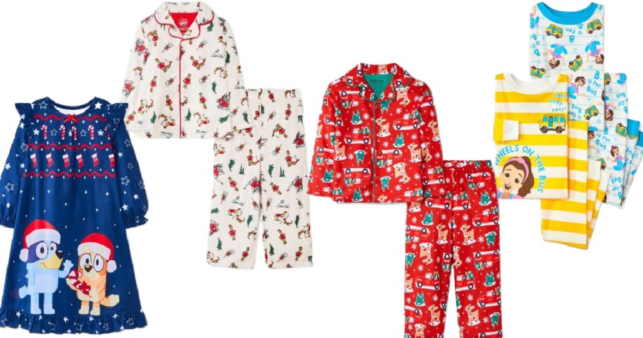 Stock images of four toddler pajamas from Target