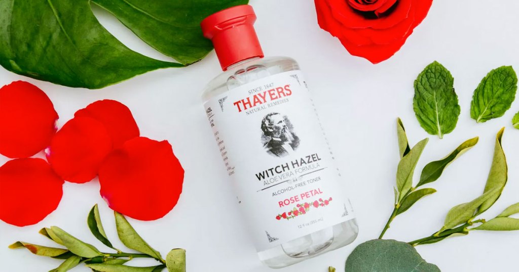 Thayers Rose Petal Witch Hazel bottle next to roses