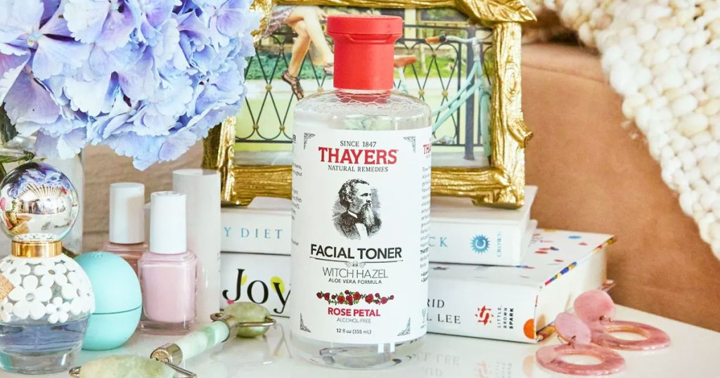 Thayers Rose Petal Witch Hazel bottle on vanity