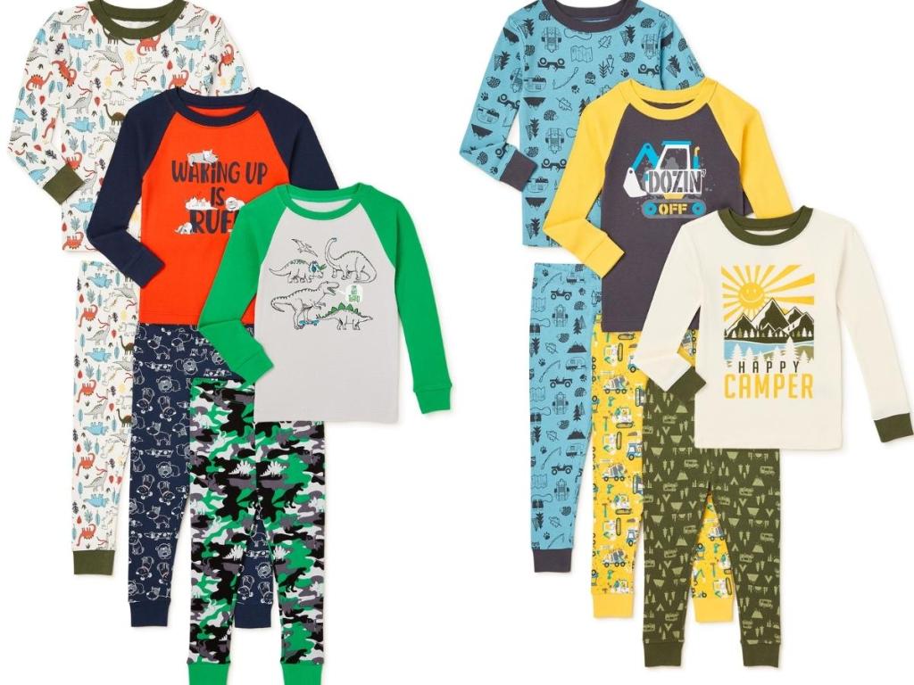 toddler boys dino, dog, camo and outdoor and trucks 6 piece pj sets