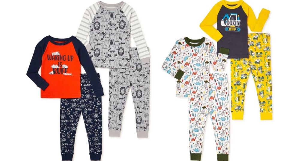 toddler boys dog and dino and trucks 4-piece pj sets