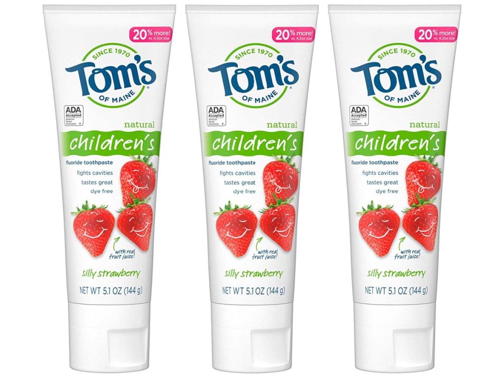 three tubes of kids strawberry toothpaste