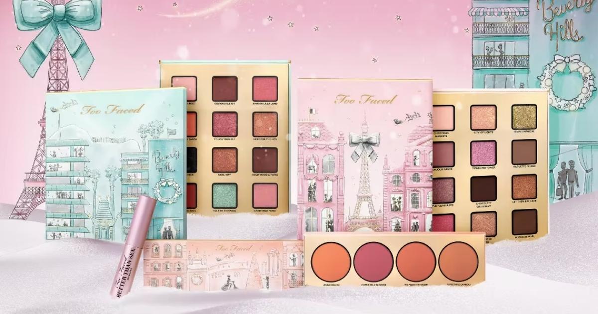 too faced christmas in the city makeup set with christmas background
