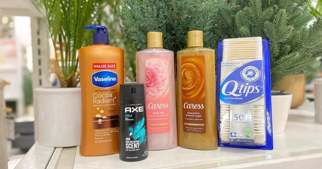 unilever coupon items with vaseline lotion, axe body spray, caress body wash and q-tips