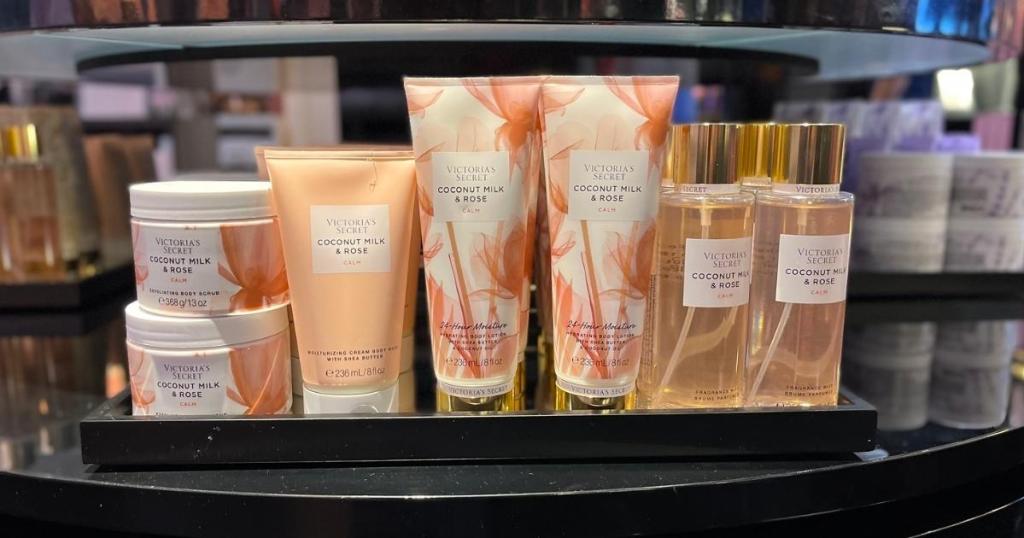 victoria's secret hydrating exfoliating scrub, body washes, lotion and mist in store