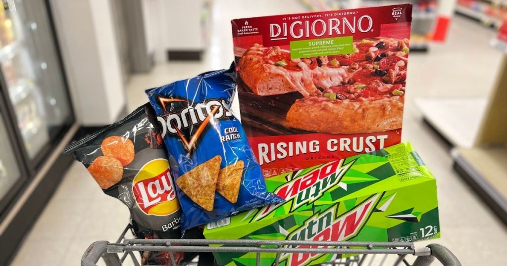 Pizza, soda and chips in a Walgreens cart