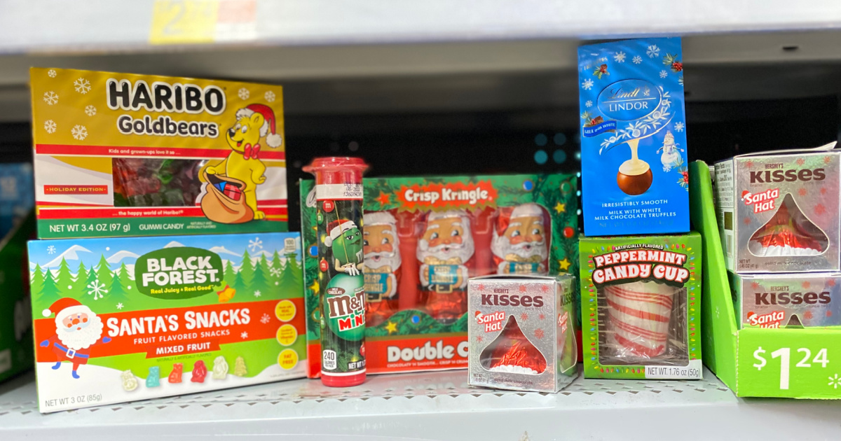 collection of holiday treats on Walmart shelf in-store