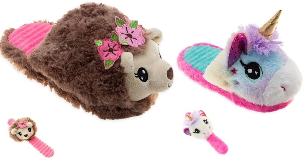 Hedgehog slippers and bracelet and unicorn slippers and bracelet