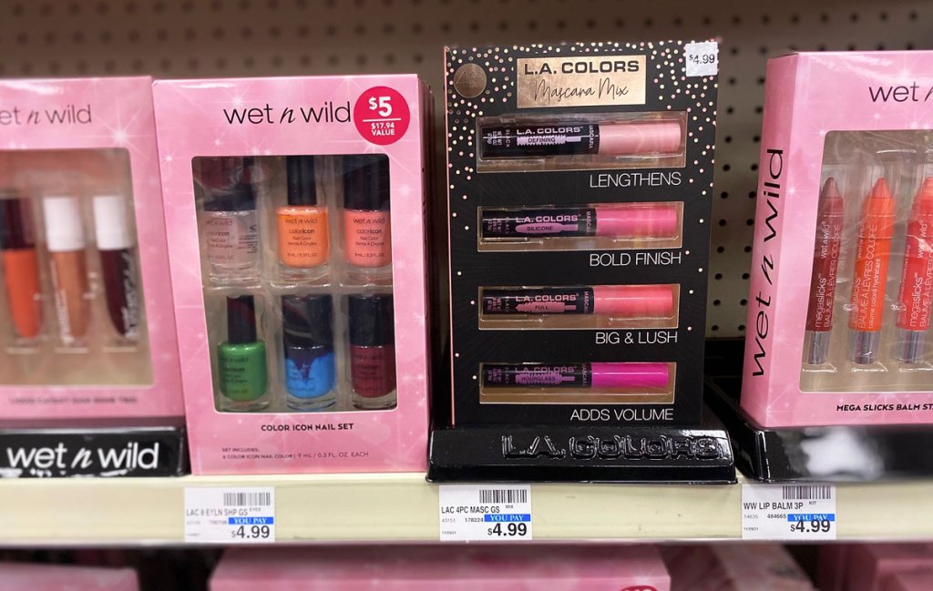wet n wild and LA colors gift sets on shelf