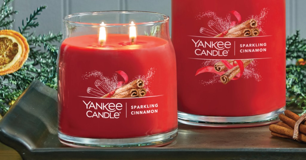 Yankee Candle Sparkling Cinnamon medium jar candle on mantel