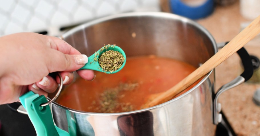 adding seasoning to soup