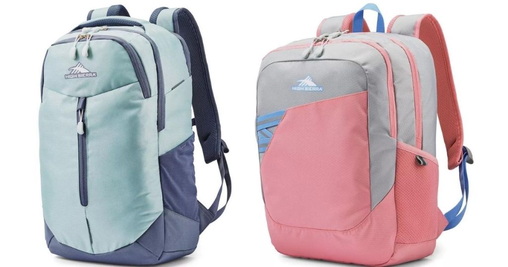 light blue and light pink High Sierra backpacks