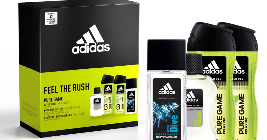 stock image of box and contents of adidas rush gift set