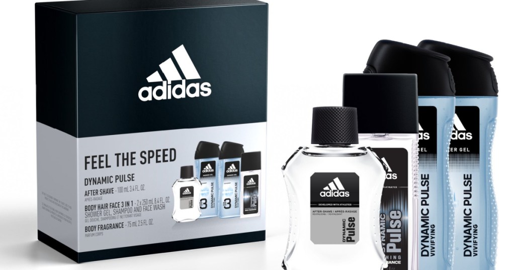 stock image of package and contents of adidas rush gift set