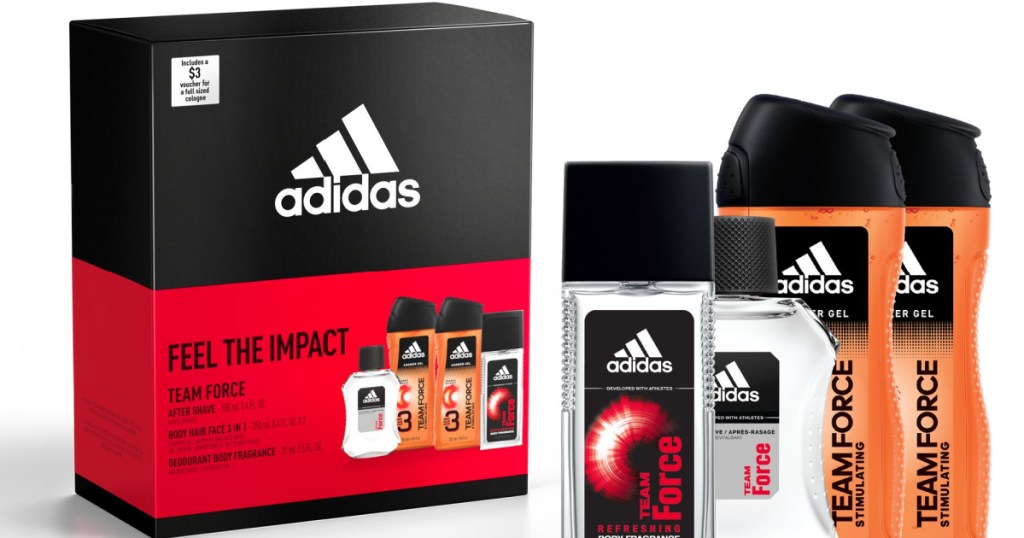 stock image of box and contents of adidas force gift set