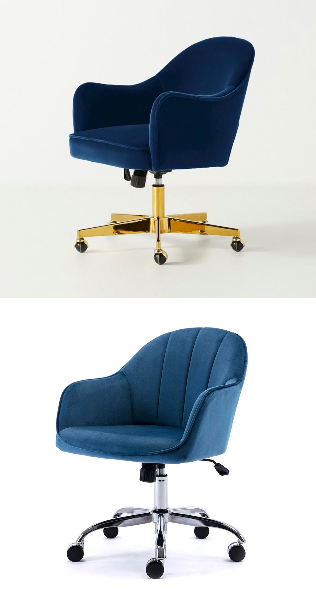 two dark blue desk chairs on white backgrounds