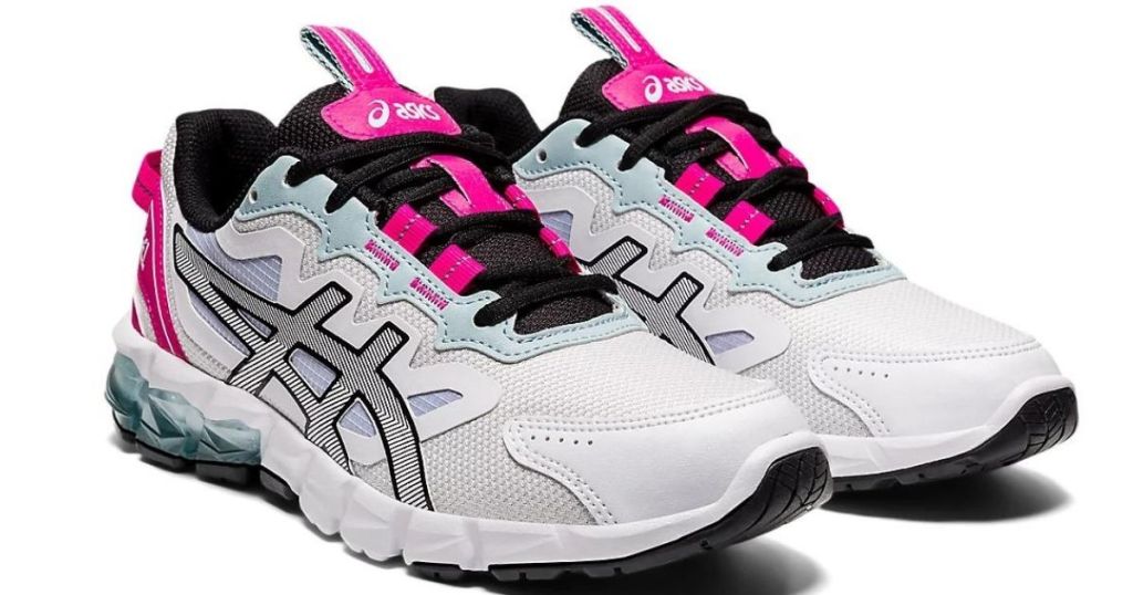 pink white and gray Asics shoes