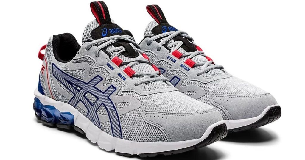 gray blue and red Asics shoes