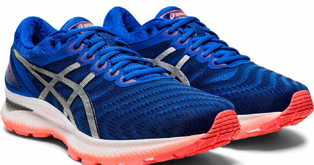 stock image of blue and coral running shoes