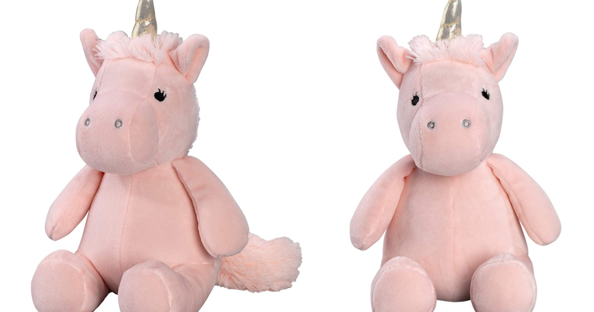 stock images of a pink plush unicorn toy front and side