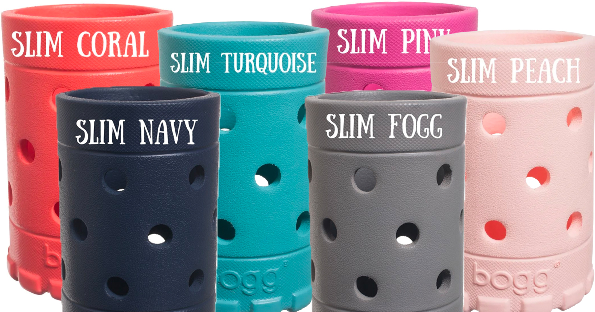 stock image of various bogg bag boozies with their colors written on them