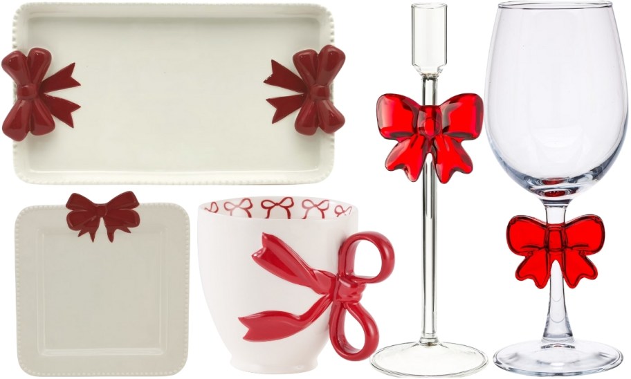 dinnerware & tabletop decor items including plates, a mug, taper holder and wine glass