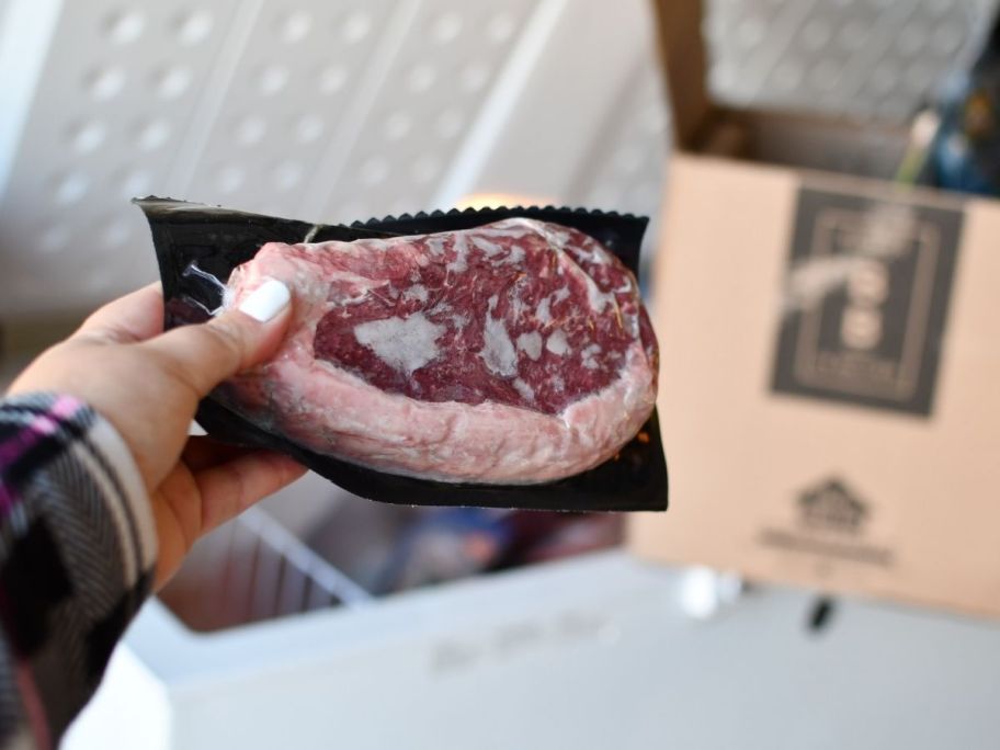 hand holding steak in vacuum sealed bag