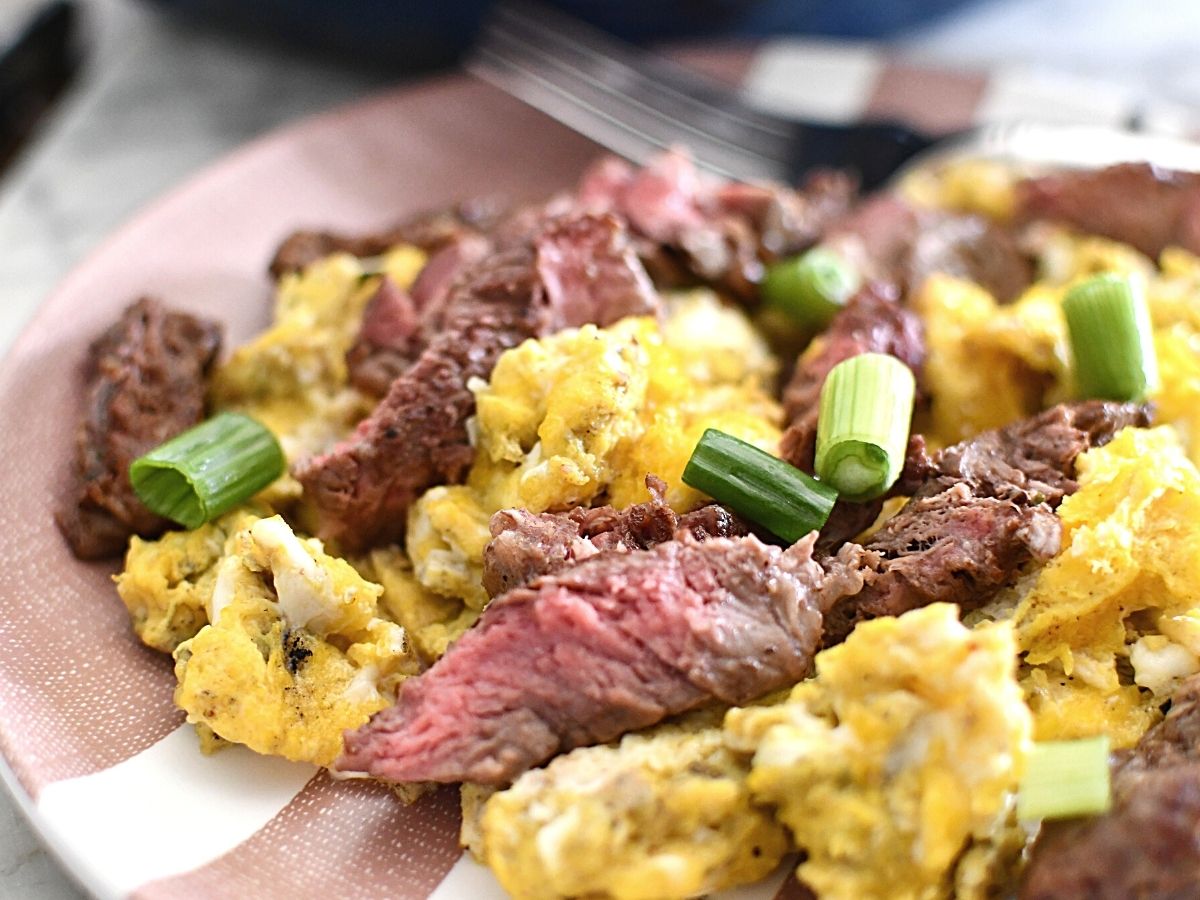 plate of steak and eggs