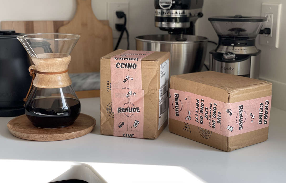 boxes of renude chagaccino coffee on countertop