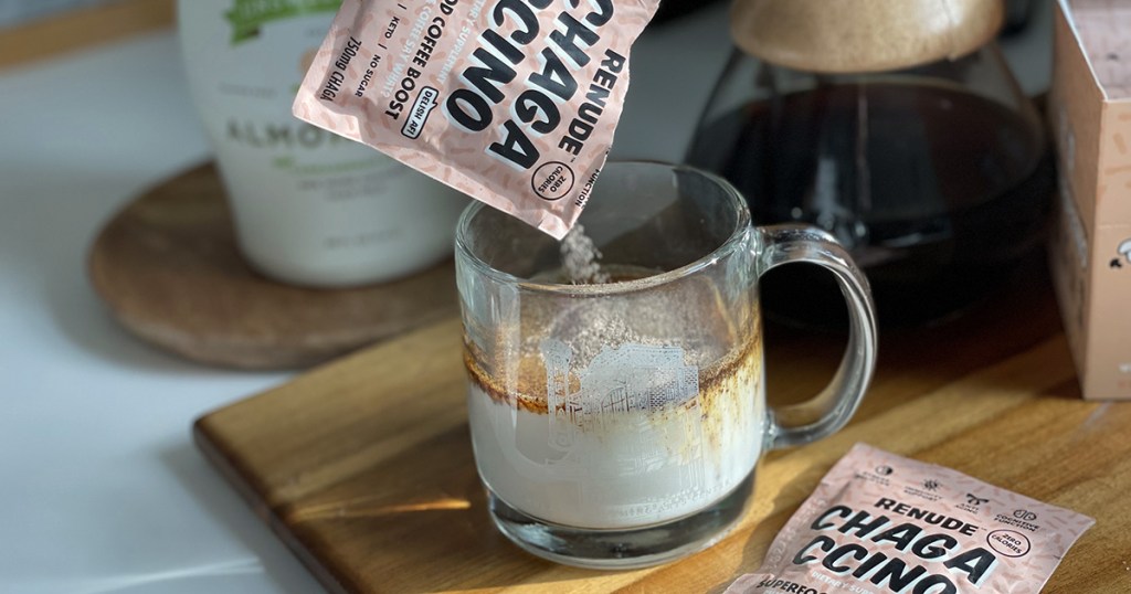 chagaccino packet pouring into creamer for mushroom coffee