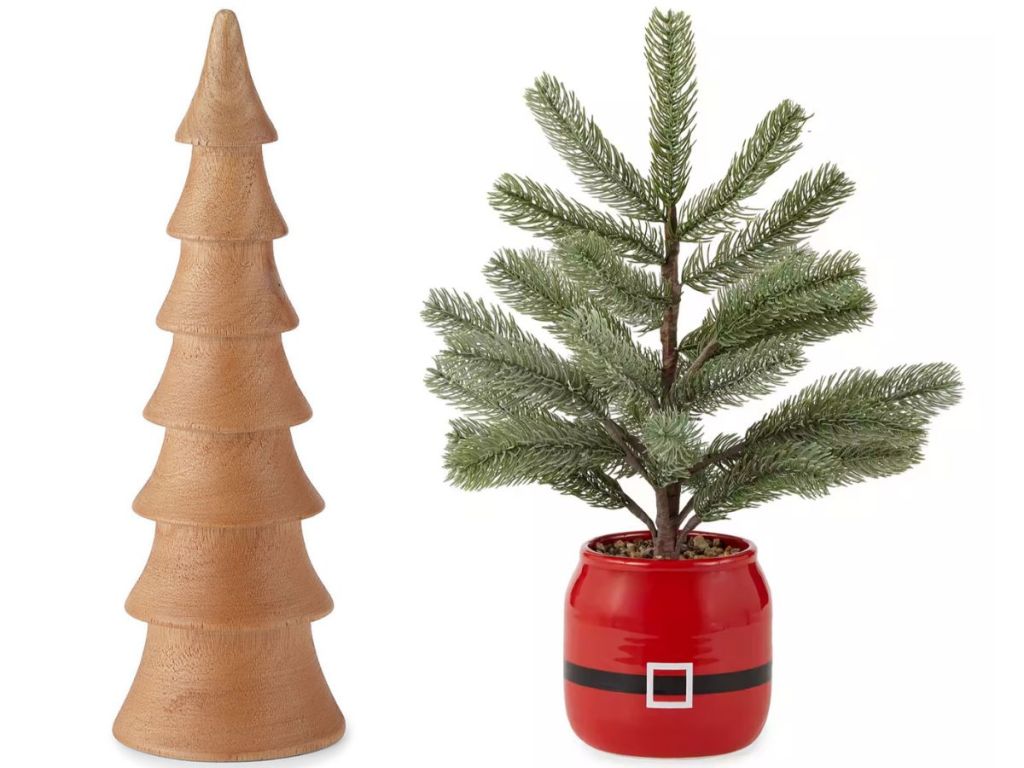 wooden tree and tree in santa belt pot