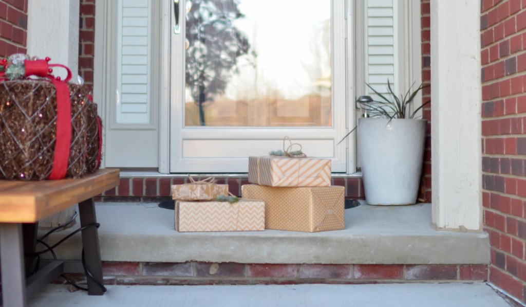 christmas delivery gift boxes at doorstep