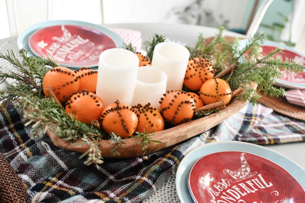 christmas table with pomander balls
