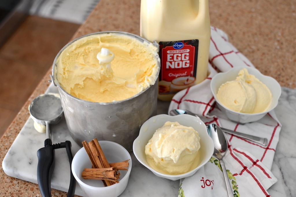 Eggnog ice cream being served in bowls 
