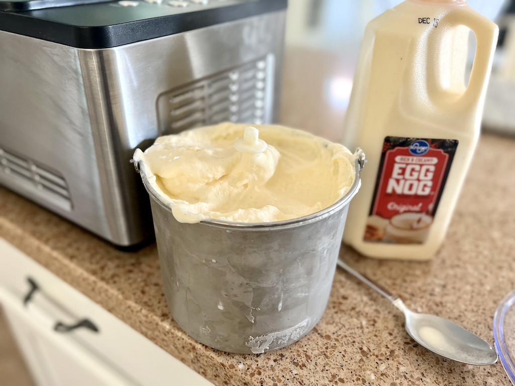 Egg Nog ice cream in ice cream maker bowl 