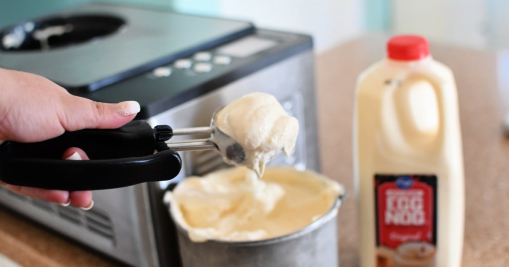 homemade one ingredient eggnog ice cream on a scoop