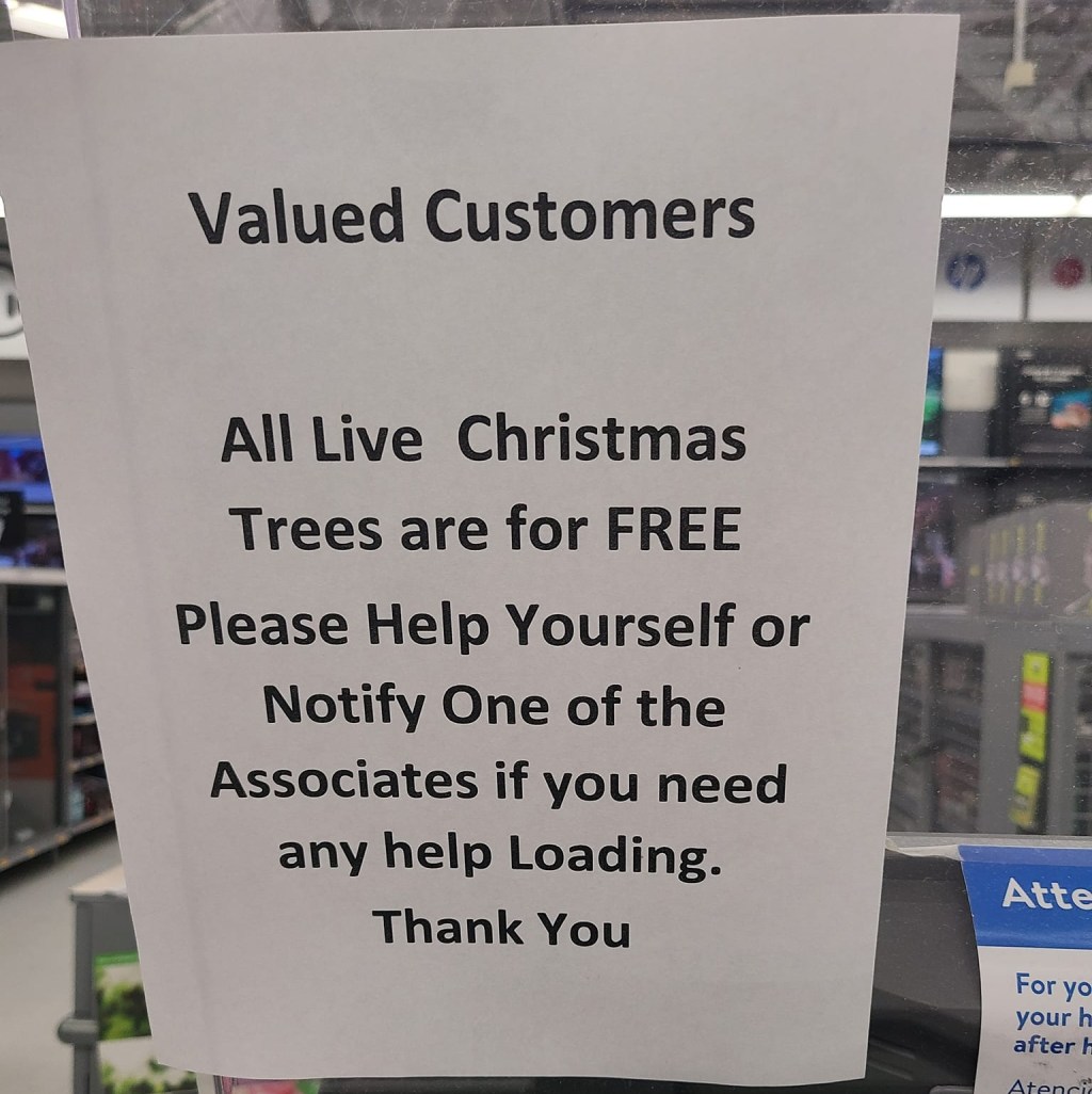 free Christmas tree sign at Walmart