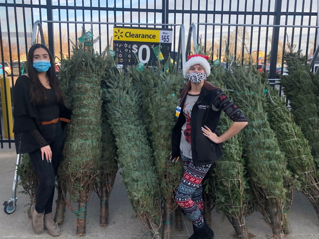 2 Walmart associates with free live Christmas trees
