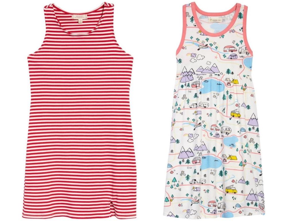 white and red striped girls dress and girls dress with cars on it