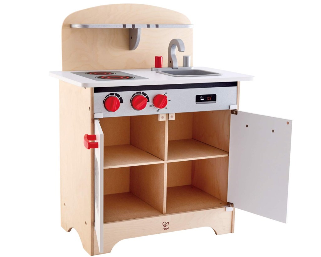 wooden play kitchen with cabinets