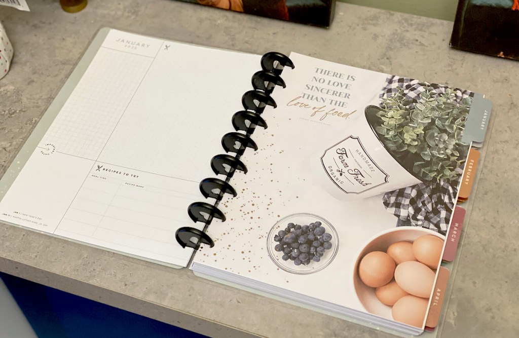 open meal planning book on kitchen counter