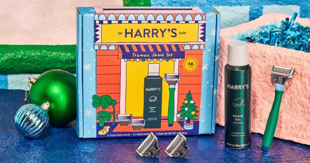 harrys holiday gift set box and contents displayed on table