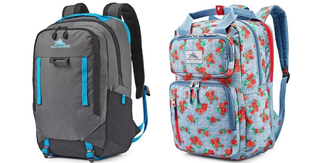 blue and gray High Sierra backpack and denim and floral High Sierra backpack