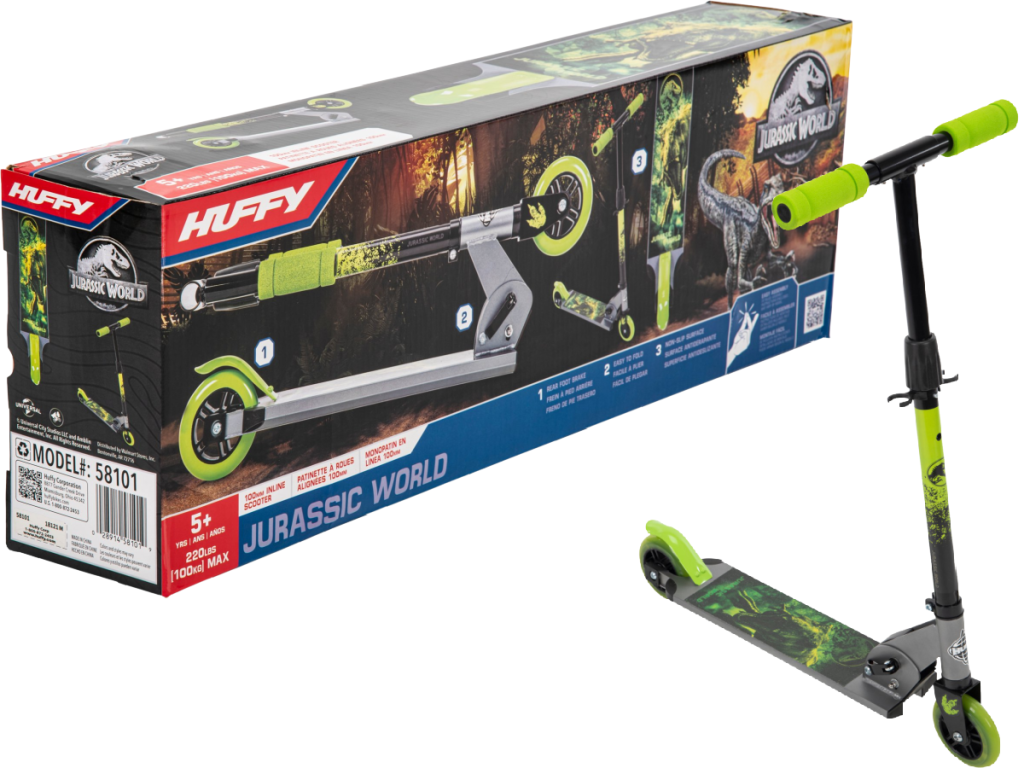 box showing scooter with green scooter displayed next to it on white background