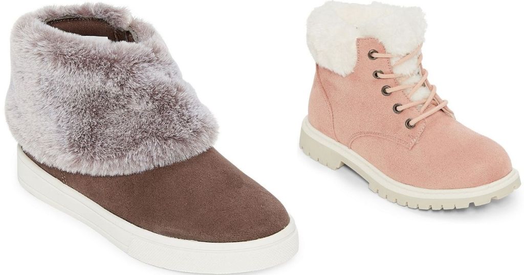 brown and gray fur boot and pink and white fur boot