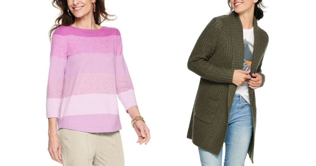 woman wearing pink sweater and woman wearing green cardigan