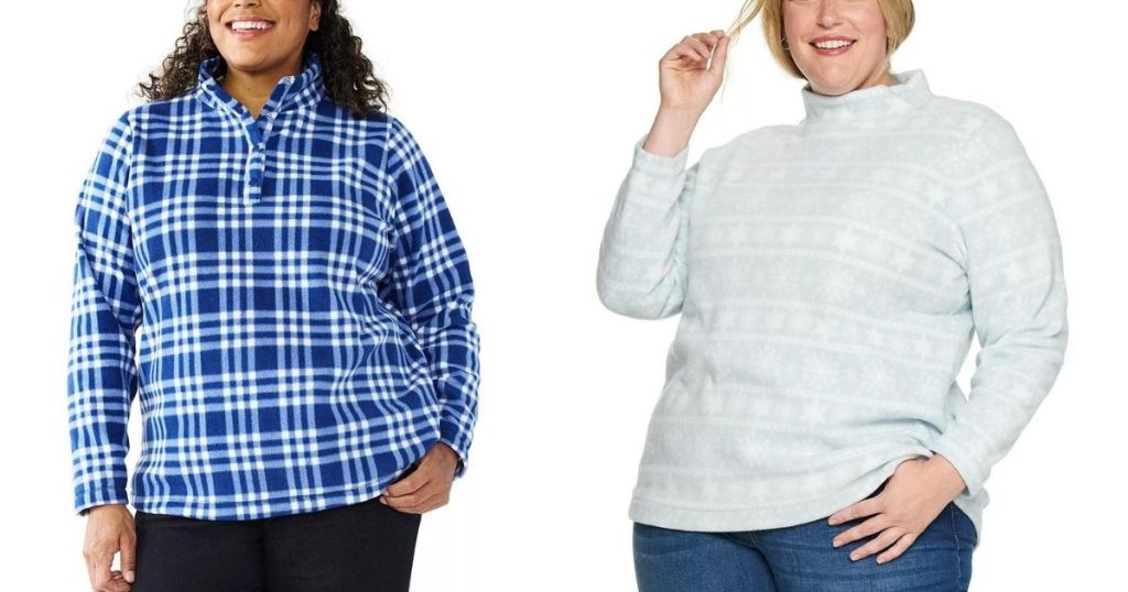woman wearing blue plaid fleece top and woman wearing blue snowflake fleece top